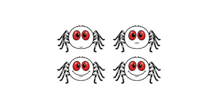 four cartoon spiders with red eyes displaying different emotions like happy and sad.