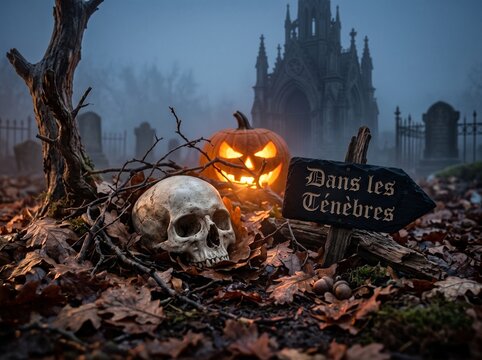 Panneau fl&egrave;che "Dans les T&eacute;n&egrave;bres" avec cr&acirc;ne, citrouille sculpt&eacute;e et cimeti&egrave;re brumeux d'Halloween