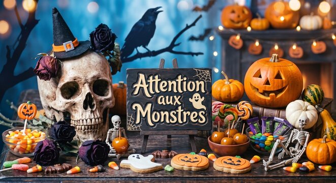 Tableau noir "Attention aux Monstres" avec cr&acirc;ne, citrouilles, squelettes et bonbons d'Halloween