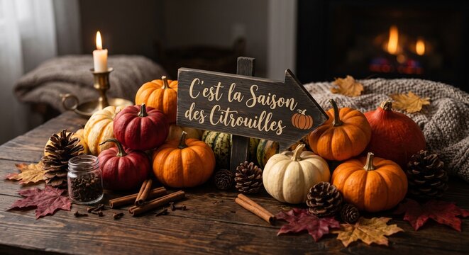 Panneau fl&egrave;che "C'est la Saison des Citrouilles" avec d&eacute;coration d'automne, citrouilles et bougie