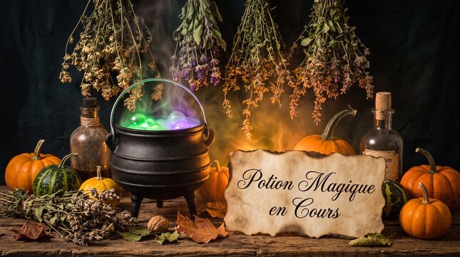 Panneau "Potion Magique en Cours" avec chaudron fumant, herbes s&eacute;ch&eacute;es et citrouilles