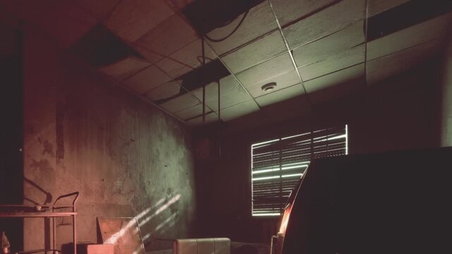 An eerie room with peeling walls and broken window shutters lets in faint light. Shadows dance across the dusty floor. The atmosphere is heavy with a sense of abandonment and forgotten stories.