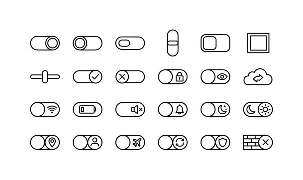 Collection of modern toggle switch icons for digital interfaces and apps