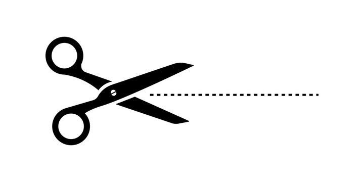 Black scissors icon cutting along a dotted line path
