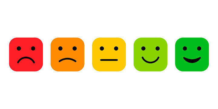 Set of colorful square rating icons with faces showing different levels of customer satisfaction