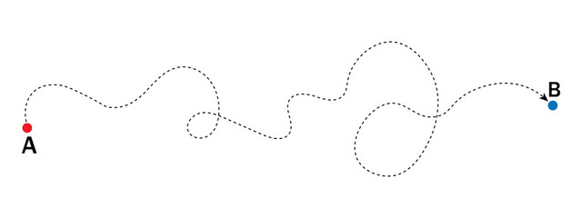 Dashed line path from point a to point b with a winding route © Game