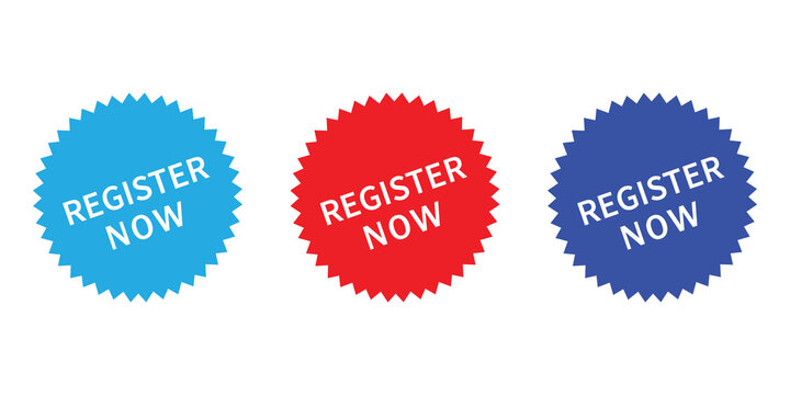Set of three colorful sunburst badges with register now text for website promotion and marketing