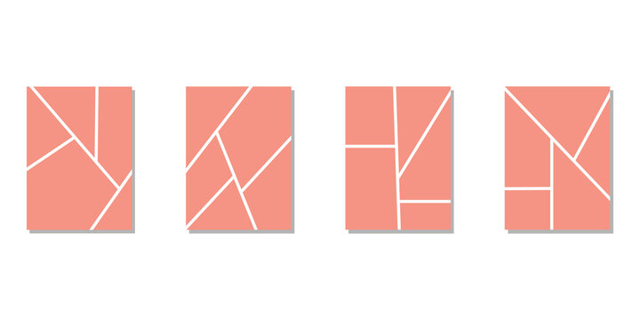 Set of four coral pink photo collage templates with geometric lines for social media posts
