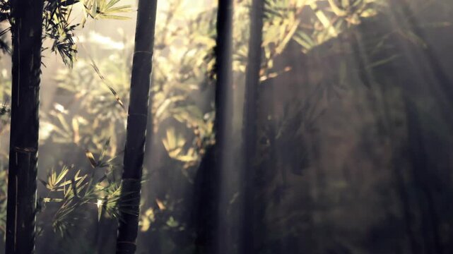 The scene depicts rays of sunlight streaming through towering bamboo stalks in a tranquil woodland. Shadows dance among the foliage, evoking peace and connection with nature.