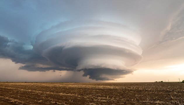 Dramatic supercell thunderstorm over open plains at sunset