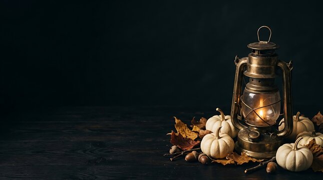 A rustic vintage lantern glowing warmly with white pumpkins and autumn leaves to celebrate a happy thanksgiving holiday