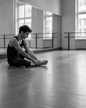 Male ballet dancer sitting on the floor of a dance studio resting