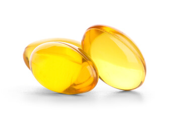 Fototapeta na wymiar Nutritional supplement and wellness, yellow omega 3 fish oil capsules for health and dietary support isolated on a clean white background