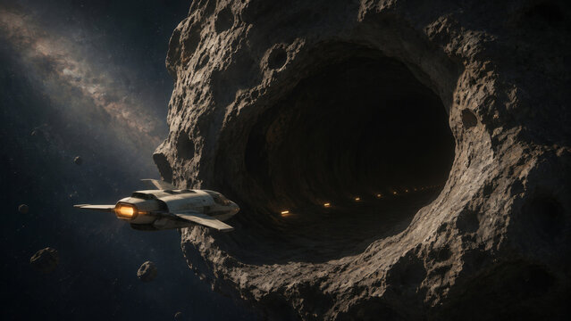 Courier spacecraft approaching a dark hangar carved inside a hollow asteroid, combining interplanetary logistics, docking and frontier travel, for mobility, logistics and technology projects
