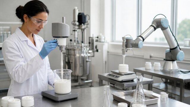 Formulation chemist checks lotion viscosity while a collaborative