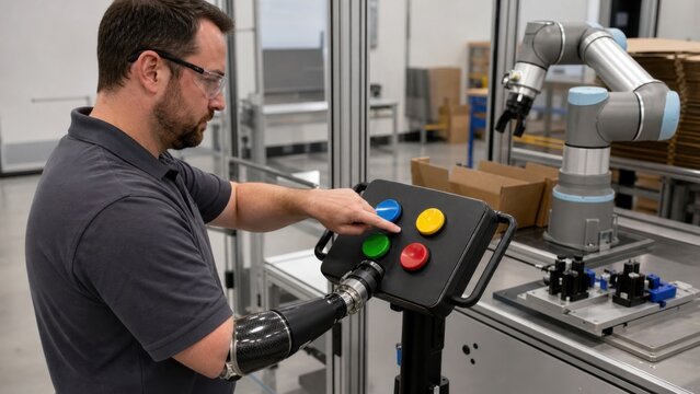Manufacturing worker with a below elbow prosthetic arm configures a