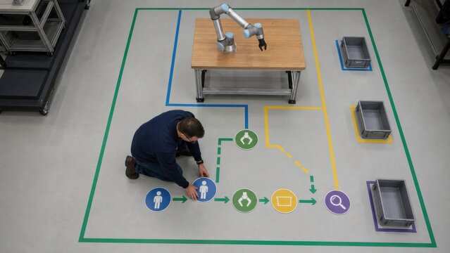 Production manager arranges pictogram floor tokens to map future human