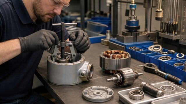 Refurbishment technician rebuilds the servo motor and bearing assembly