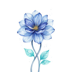 Obraz premium Blue dahlia flower with intertwined stems and light teal leaves isolated on a transparent background