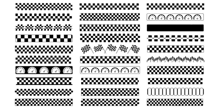 Set of black and white checkered racing flag border patterns and dividers for graphic design projects Vector, illustration