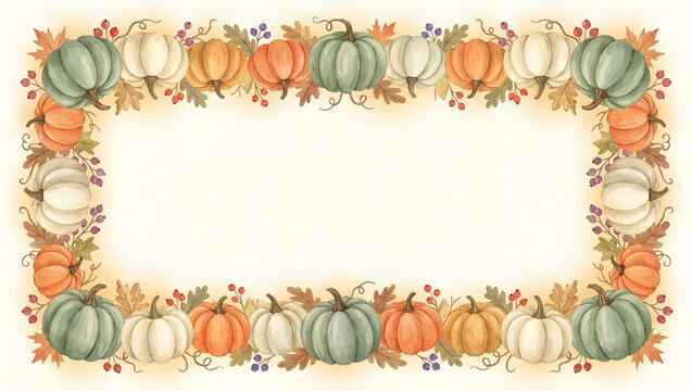Watercolor autumn frame with pumpkins and fall foliage for thanksgiving and harvest festival invitation cards