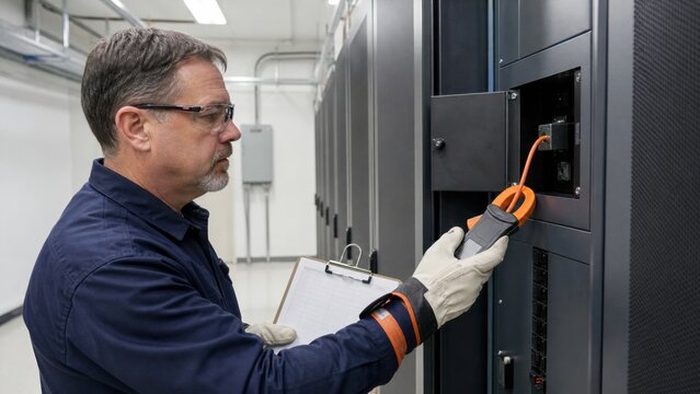 An energy manager uses a clamp meter on a dedicated rack power test