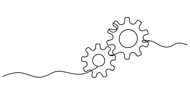 Continuous single line drawing of two connected gears representing teamwork and mechanical engineering concept Vector, illustration