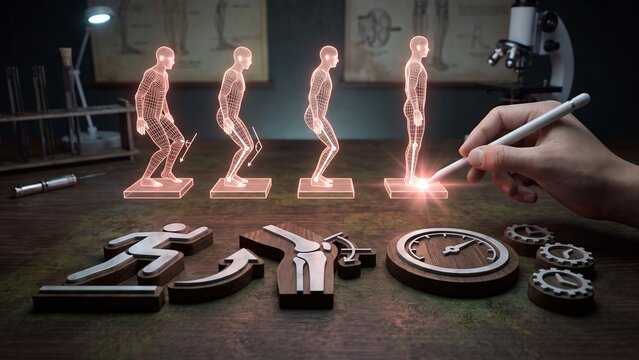 Biomechanics and movement optimization concept, researcher analyzing athlete posture and squat form, motion capture analysis, kinetic energy tracking, sports performance science