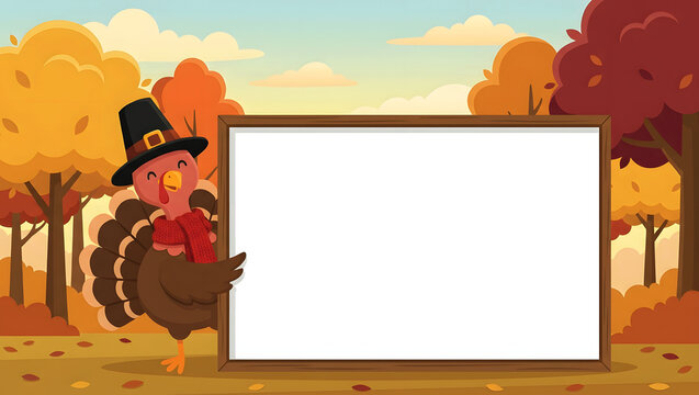 Cute cartoon turkey wearing a pilgrim hat standing next to a blank white sign in autumn forest