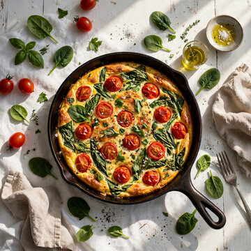 Baked frittata with cherry tomatoes and fresh spinach on a white table. Summer dish. Overhead view. healthy breakfast