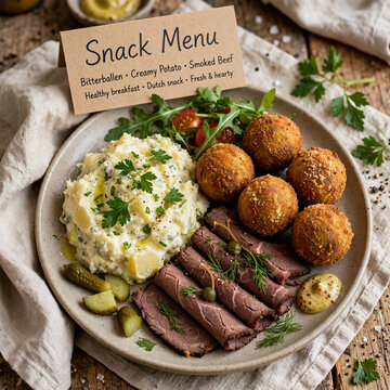 Bitterballen With Creamy Potato and Smoked Beef. Snack Menu. healthy breakfast
