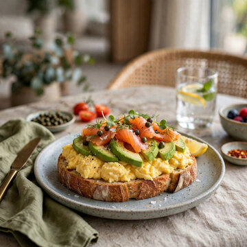 Breakfast sourdough bread with scrambled eggs, avocado and salmon topping served at gourmet hotel breakfast table 