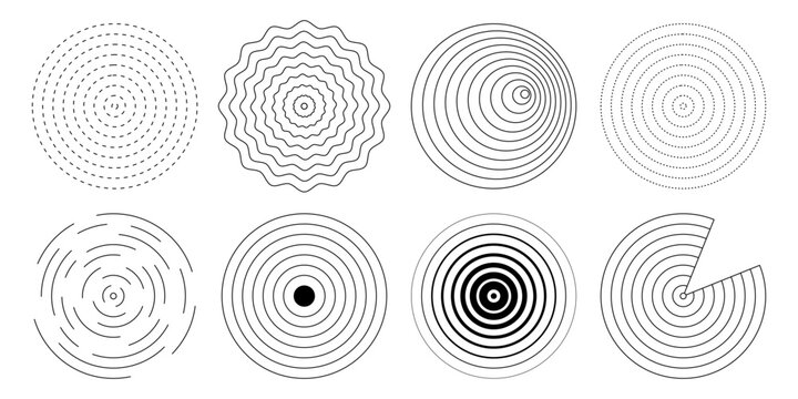 Radial circle vector set. Editable stroke concentric rings, spiral, ripple and geometric line patterns. Abstract audio frequency, resonance, target, optical and vibration symbols.