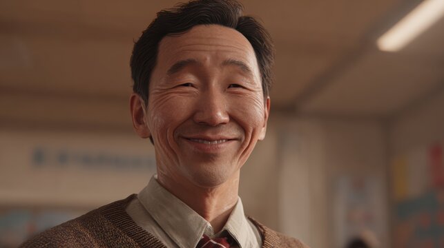 ultra realistic school interior, close up teacher, mixed ethnicity white or asian, male or female, smiling with pride and respect toward students, soft daylight, correct anatomy 