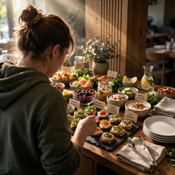 Choosing breakfast at restaurant buffet Unrecognizable person choosing canape from a sideboard at a banquet healthy breakfast