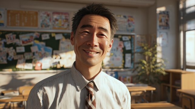 ultra realistic school interior, close up teacher, mixed ethnicity white or asian, male or female, smiling with pride and respect toward students, soft daylight, correct anatomy 