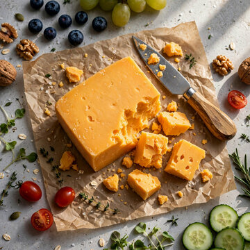 Cheddar cheese with a cheese knife on parchment paper. Light grey stone background. Top view. . healthy breakfast 