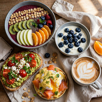 Close-up of healthy breakfast, berry smoothie bowl, yoghurt with blueberries, topped with rows of granola oat cereal, orange segments, sliced kiwi and green apple, mashed avocado on toast