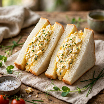 Egg Sandwich, Tamago Sando sandwich on a rustic background healthy breakfast