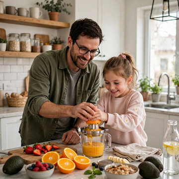 Father and Daughter in Kitchen Preparing Healthy Breakfast Together A man and a young girl prepare fruit and juice in a bright modern kitchen, emphasizing family bonds, healthy eating, and a vibrant