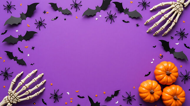 Halloween background with skeleton hands pumpkins spiders and bats on a vibrant purple surface with copy space