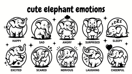 Fototapeta premium elephant emotions featuring happy sad angry surprised sleepy excited scared nervous laughing and cheerful set for children emotion education stickers social media messaging animal characters