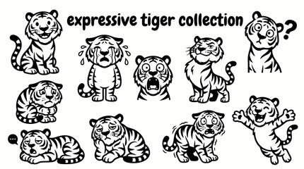 Obraz premium expressive tiger featuring smiling crying confused worried shocked proud bored scared and cheerful animal expressions or emotion concepts children education communication stickers emojis messaging app