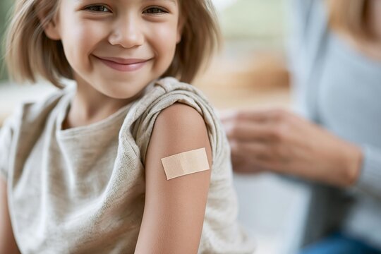 Smiling girl with a bandage on her arm after vaccination