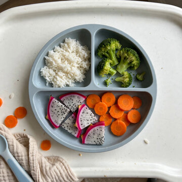 Top View of Healthy Baby Meal with Rice, Vegetables and Fruit &ndash; Balanced Toddler Nutrition and Baby Led Weaning Overhead view of a balanced toddler meal served on a divided silicone baby plate placed
