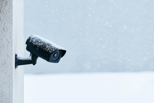 Outdoor security camera covered in snow during a winter storm