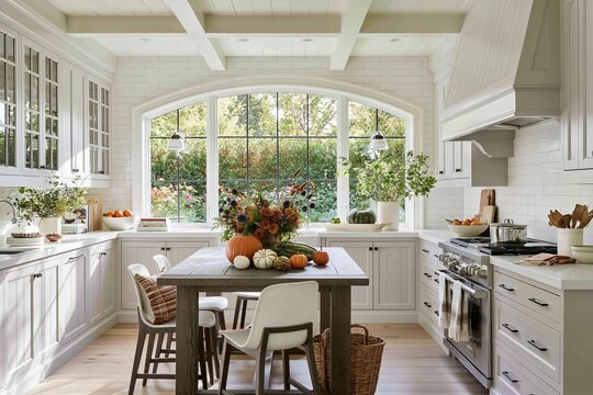 Cozy autumn kitchen decorated with pumpkins and flowers, bathed in natural light from a large arched window