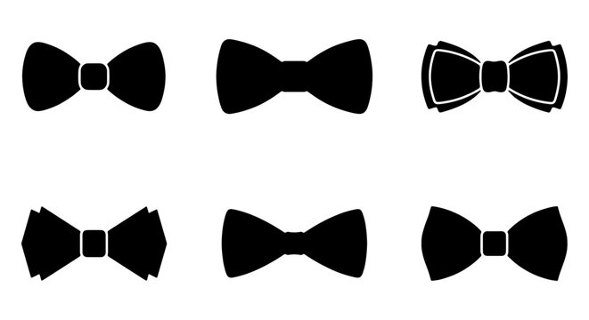 Six Black Bow Tie Icons, Formal Neckwear Vector Set, Classic Accessories Collection, Elegant Style Elements