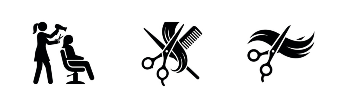 Hairdressing salon and styling tools icon set with barber, scissors, comb, and hair dryer