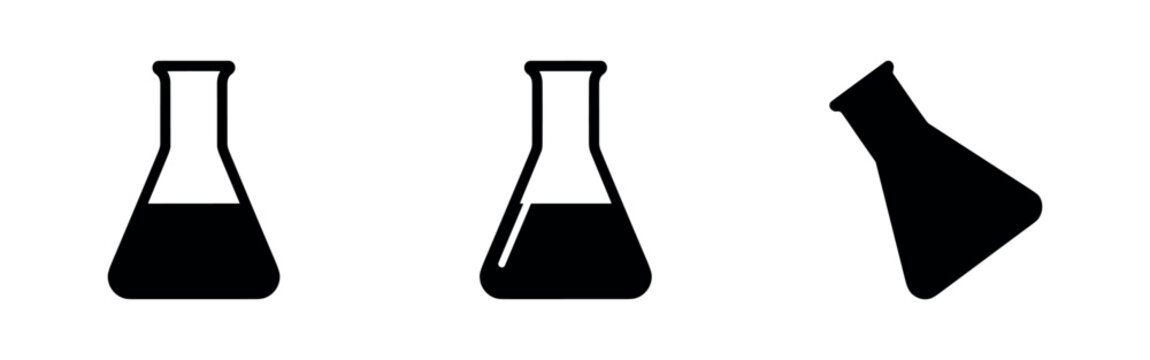 Conical flask laboratory icons. Chemistry glassware and scientific experiment vector symbols.